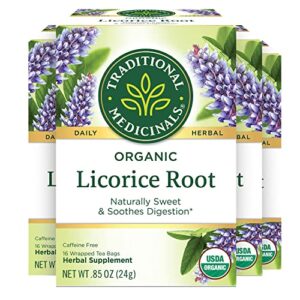 traditional medicinals organic licorice root herbal tea, soothes digestion – 64 tea bags total, 16 count (pack of 4)
