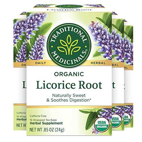 Traditional Medicinals Organic Licorice Root Herbal Tea, Soothes Digestion - 64 Tea Bags Total, 16 Count (Pack of 4)