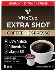 vitacup extra shot strong coffee pods, bold & intense dark roast w/ espresso shot, high caffeine, vitamin b12, antioxidants, recyclable single serve pod compatible w/ keurig k-cup brewers, 16ct