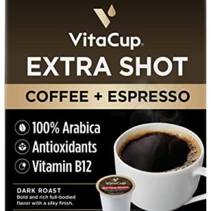 VitaCup Extra Shot Strong Coffee Pods, Bold & Intense Dark Roast w/ Espresso Shot, High Caffeine, Vitamin B12, Antioxidants, Recyclable Single Serve Pod Compatible w/ Keurig K-Cup Brewers, 16ct