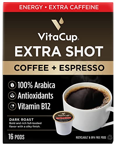 VitaCup Extra Shot Strong Coffee Pods, Bold & Intense Dark Roast w/ Espresso Shot, High Caffeine, Vitamin B12, Antioxidants, Recyclable Single Serve Pod Compatible w/ Keurig K-Cup Brewers, 16ct