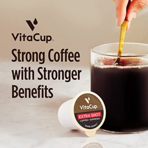 VitaCup Extra Shot Strong Coffee Pods, Bold & Intense Dark Roast w/ Espresso Shot, High Caffeine, Vitamin B12, Antioxidants, Recyclable Single Serve Pod Compatible w/ Keurig K-Cup Brewers, 16ct