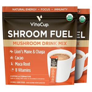 vitacup shroom fuel, mushroom based coffee alternative packets, mushroom coffee substitute w/ cacao, cinnamon, chaga, lions mane, & maca for energy, immune support, & focus, 48 ct