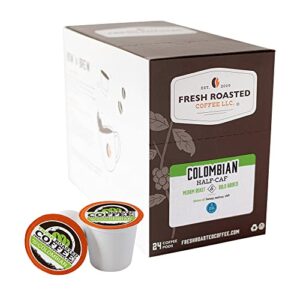 fresh roasted coffee, swiss water half-caf colombian, kosher, k-cup compatible, 24 pods