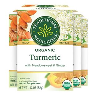 traditional medicinals organic turmeric with meadowsweet & ginger herbal tea, supports healthy response to inflammation, (pack of 4) – 64 tea bags total