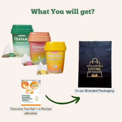 Teavana Jade Citrus Mint Green Tea, Beach Bellini, Lemon Ginger Bliss Herbal Tea Caffeine Free with Recipe eBook - Set of 4 Items (Without Honey Sticks)