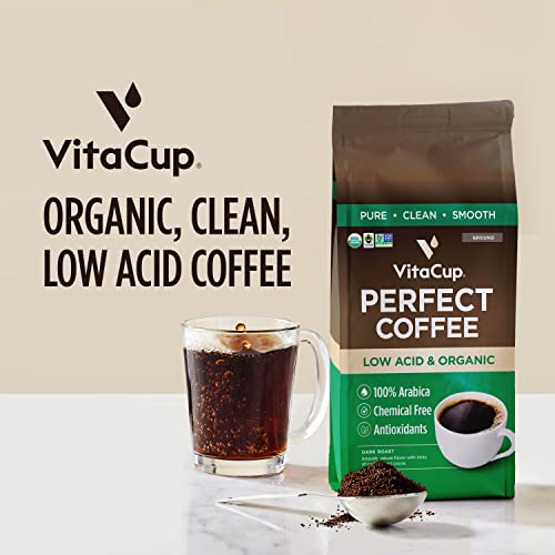 VitaCup Perfect Low Acid Coffee Ground, USDA Organic & Fair Trade, Mycotoxin Free, Dark Roast Guatemala Single Origin, Clean & Pure for Drip Coffee Brewers and French Press, 4 bags, 11oz each