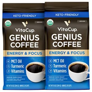 vitacup organic genius ground keto coffee, increase energy & focus w/mct oil, turmeric, b vitamins, d3, usda organic ground coffee medium dark roast, 100% arabica coffee grounds, 2 bags, 10 oz each