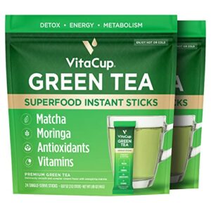 vitacup green tea instant packets, enhance energy & detox with matcha, moringa, b vitamins, d3, fiber, keto, paleo, vegan in tea powder single serving sticks, 48 ct