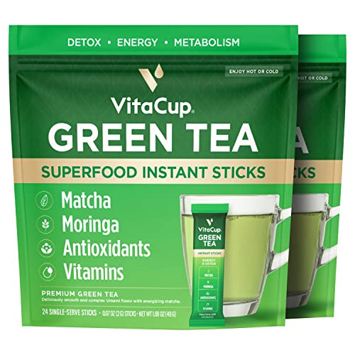 VitaCup Green Tea Instant Packets, Enhance Energy & Detox with Matcha, Moringa, B Vitamins, D3, Fiber, Keto, Paleo, Vegan in Tea Powder Single Serving Sticks, 48 Ct