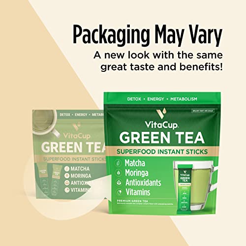 VitaCup Green Tea Instant Packets, Enhance Energy & Detox with Matcha, Moringa, B Vitamins, D3, Fiber, Keto, Paleo, Vegan in Tea Powder Single Serving Sticks, 48 Ct