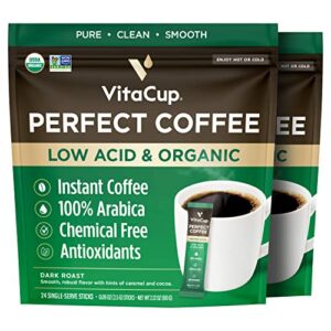 vitacup perfect low acid instant coffee packets, dark roast coffee, usda organic & fair trade, third party tested for mycotoxins & pesticides, single origin, clean & pure, 48 ct