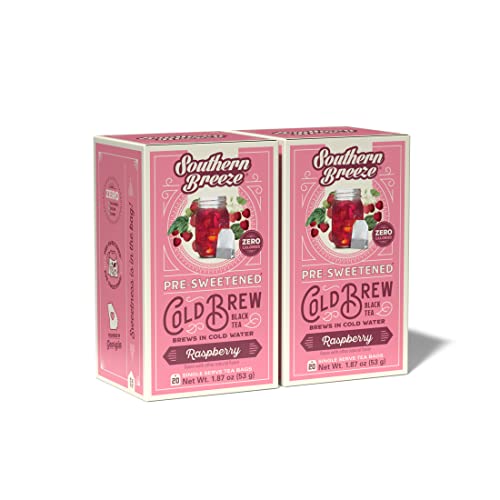 Southern Breeze Cold Brew Sweet Tea Raspberry Iced Tea with Black Tea and Zero Carbs Zero Sugar, 20 Individually Wrapped Tea Bags (Pack of 2) Southern Sweet Tea Iced Tea Beverage