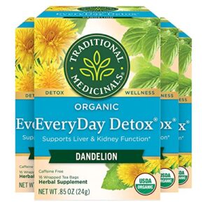 traditional medicinals organic everyday detox dandelion herbal tea, supports liver & kidney function, (pack of 4) – 64 tea bags total