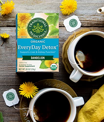 Traditional Medicinals Organic EveryDay Detox Dandelion Herbal Tea, Supports Liver & Kidney Function, (Pack of 4) - 64 Tea Bags Total