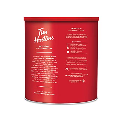 Tim Hortons Original Blend, Medium Roast Ground Coffee, Canada’s Favorite Coffee, Made with 100% Arabica Beans, 48 Ounce Canister