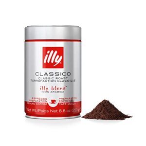 illy classico ground espresso coffee, medium roast, classic roast with notes of caramel, orange blossom and jasmine, 100% arabica coffee, all-natural, no preservatives, 8.8 ounce can (pack of 6)