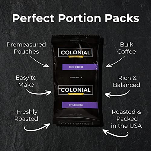 Colonial Coffee Packets, Pre Ground Coffee Packs, Colombian Medium Roast, Bulk Bags for Drip Coffee Makers, (2.5 oz Bags, Pack of 100)