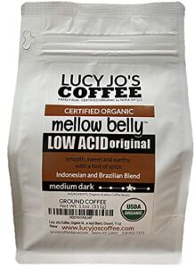 lucy jo’s coffee roastery, organic mellow belly low acid blend, ground, 11 oz (11 oz)