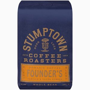 stumptown coffee roasters, medium roast organic whole bean coffee – founder’s blend 12 ounce bag with flavor notes of vanilla and cocoa powder