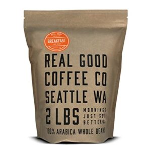 Real Good Coffee Company - Whole Bean Coffee - Breakfast Blend Light Roast Coffee Beans - 2 Pound Bag - 100% Whole Arabica Beans - Grind at Home, Brew How You Like