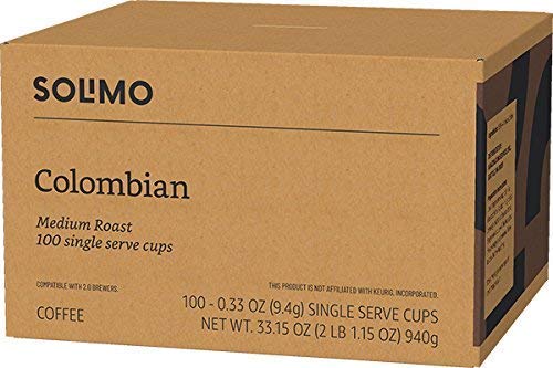 Amazon Brand - 100 Ct. Solimo Medium Roast Coffee Pods, Colombian, Compatible with Keurig 2.0 K-Cup Brewers