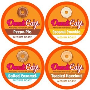 donut café single serve coffee pods for keurig k cup brewers, medium roast, 20 each : pecan pie, coconut crumble, salted caramel, toasted hazelnut, flavored variety pack, 80 count