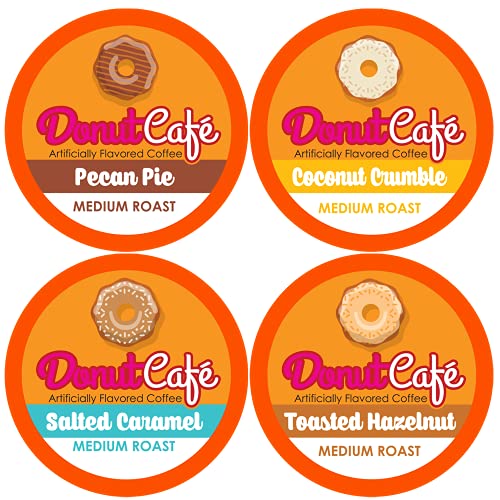 Donut Café Single Serve Coffee Pods for Keurig K Cup Brewers, Medium Roast, 20 Each : Pecan Pie, Coconut Crumble, Salted Caramel, Toasted Hazelnut, Flavored Variety Pack, 80 Count