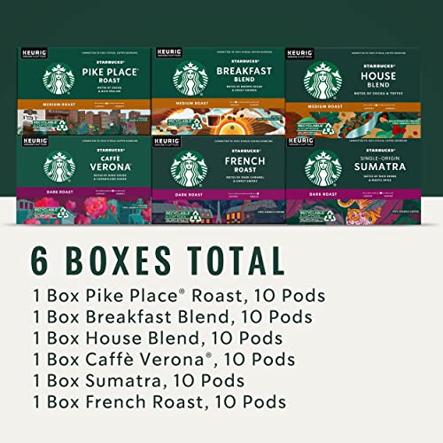 Starbucks K-Cup Coffee Pods—Medium & Dark Roast Variety Pack for Keurig Brewers—100% Arabica—6 boxes (60 pods total)