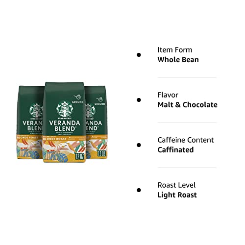 Starbucks Whole Bean Coffee—Starbucks Blonde Roast Coffee—Veranda Blend—100% Arabica—3 bags (12 oz each)