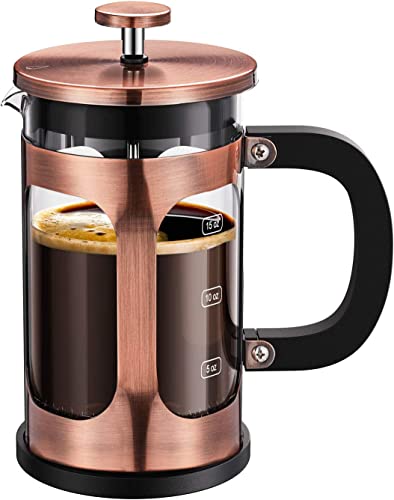 BAYKA French Press Coffee Tea Maker, 304 Stainless Steel Coffee Press, Heat Resistant Thickened Borosilicate Glass, 21 Ounce, Copper