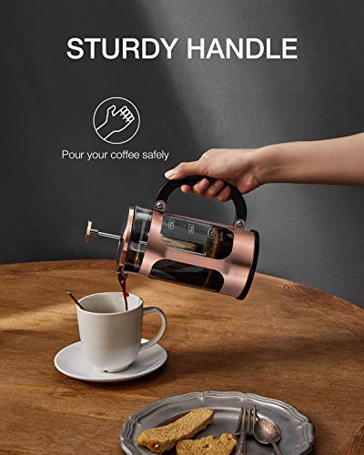 BAYKA French Press Coffee Tea Maker, 304 Stainless Steel Coffee Press, Heat Resistant Thickened Borosilicate Glass, 21 Ounce, Copper