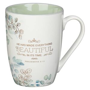 christian art gifts ceramic encouraging coffee and tea mug for women: made everything beautiful – ecclesiastes 3:11 inspiration bible verse for hot and cold beverages, white and sage green, 12 oz.