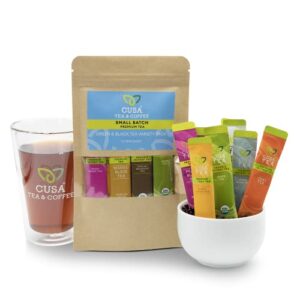 cusa tea & coffee | premium instant green & black tea variety pack with real fruit & spices | organic leaves drink mix packets | hot or iced tea (10 single servings)