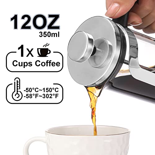 YORSEEK Mini French Press Coffee Tea Maker 1 Cups, 12oz Coffee Press, Perfect for Coffee Lover Gifts Morning Coffee, Single Server Maximum Flavor Coffee Brewer with Stainless Steel Filter, 350ml