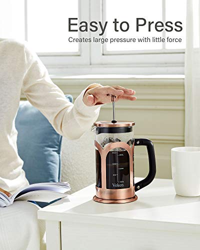 Veken French Press Coffee & Tea Maker, 304 Stainless Steel Heat Resistant Borosilicate Glass Coffee Press, Durable Easy Clean 100% BPA Free, 21oz, Copper