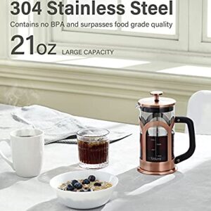 Veken French Press Coffee & Tea Maker, 304 Stainless Steel Heat Resistant Borosilicate Glass Coffee Press, Durable Easy Clean 100% BPA Free, 21oz, Copper