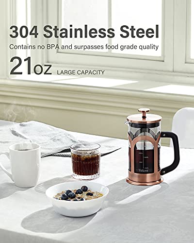 Veken French Press Coffee & Tea Maker, 304 Stainless Steel Heat Resistant Borosilicate Glass Coffee Press, Durable Easy Clean 100% BPA Free, 21oz, Copper