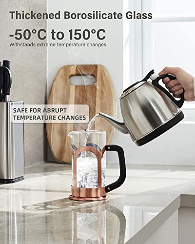 Veken French Press Coffee & Tea Maker, 304 Stainless Steel Heat Resistant Borosilicate Glass Coffee Press, Durable Easy Clean 100% BPA Free, 21oz, Copper