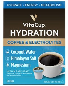 vitacup hydration coffee pods, the first coffee that hydrates you w/ electrolytes, coconut water, pink himalayan salt, magnesium, medium roast, recyclable single serve pod compatible w/ keurig k-cup brewers, 18 ct