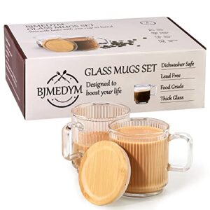 bjmedym glass mug clear glass mug with lid, glass coffee mugs set of 6, tea cup with handle, clear coffee mug, ripple glass mug with lid, ribbed mug, 11.5 oz tea mug with lid