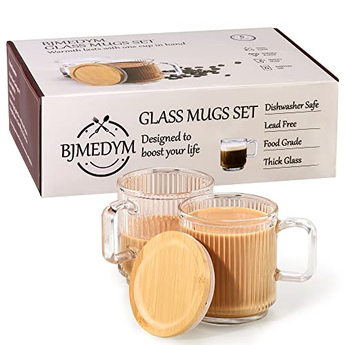 BJMEDYM Glass Mug Clear Glass Mug With Lid, Glass Coffee Mugs Set of 6, Tea Cup With Handle, Clear Coffee Mug, Ripple Glass Mug With Lid, Ribbed Mug, 11.5 Oz Tea Mug With Lid