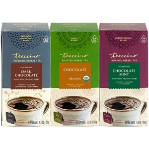 teeccino chocolate lover’s tea variety pack – dark chocolate, chocolate, chocolate mint – roasted herbal tea that’s caffeine free & prebiotic for natural energy, 25 tea bags (pack of 3)