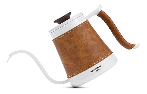 WHYBUK Pour Over Coffee Gooseneck Kettle,Long Narrow Small Drip Coffee Maker Tea Pot is Made of Thickened Stainless Steel,Fashion Leather Insulation and does not Burn (600ml/20oz white)