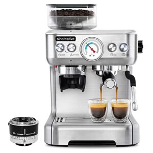 espresso machine with grinder and milk frother, 20 bar semi automatic espresso coffee machine latte and cappuccino coffee maker all in one espresso machine for home barista, brushed stainless steel