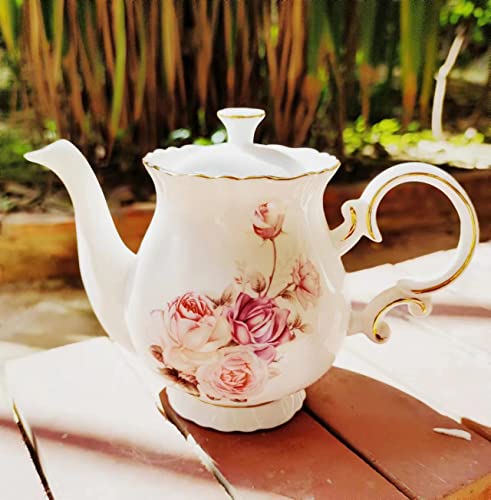 Pehost European Style Porcelain Coffee Pot Teapot Pot Water Pot Gift Large 5.5 Cups (1, Pink Rose)