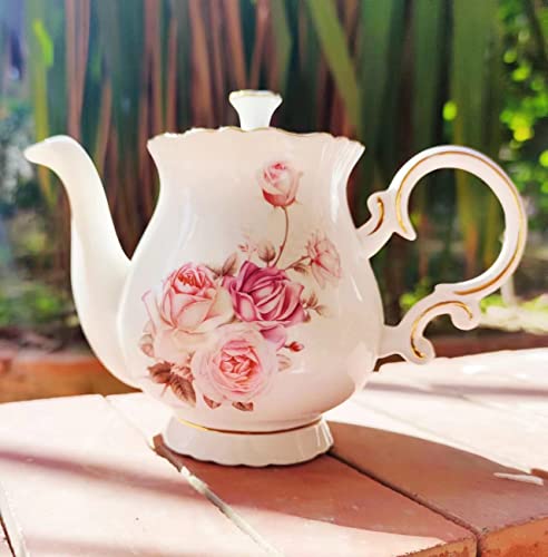 Pehost European Style Porcelain Coffee Pot Teapot Pot Water Pot Gift Large 5.5 Cups (1, Pink Rose)