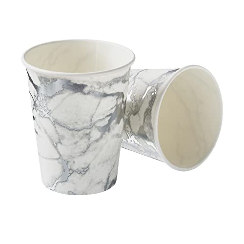 18 Pack 9 Oz. - Elegant Disposable Coffee Cups - Drinking Hot Cups For Coffee, Tea, Hot Chocolate & All Sort Of Beverages, Paper Coffee Cups, For Home, Office, Coffee Shop, Marble Design - Silver