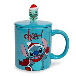 disney lilo & stitch holiday cheer ceramic mug with lid | large coffee cup for espresso, caffeine, tea
