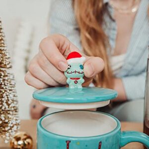 Disney Lilo & Stitch Holiday Cheer Ceramic Mug With Lid | Large Coffee Cup For Espresso, Caffeine, Tea